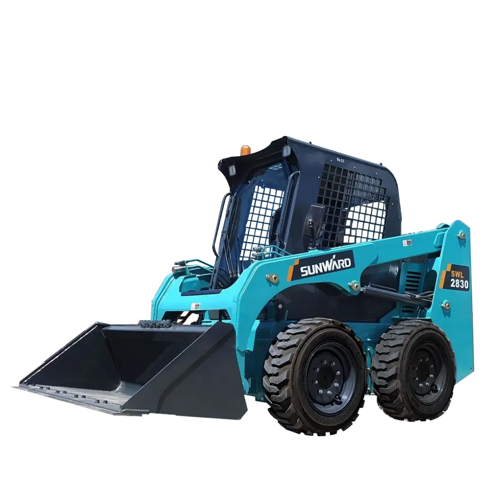 Compact skid steer loader in bright blue.