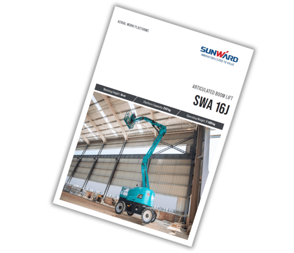 Articulated boom lift in warehouse setting.