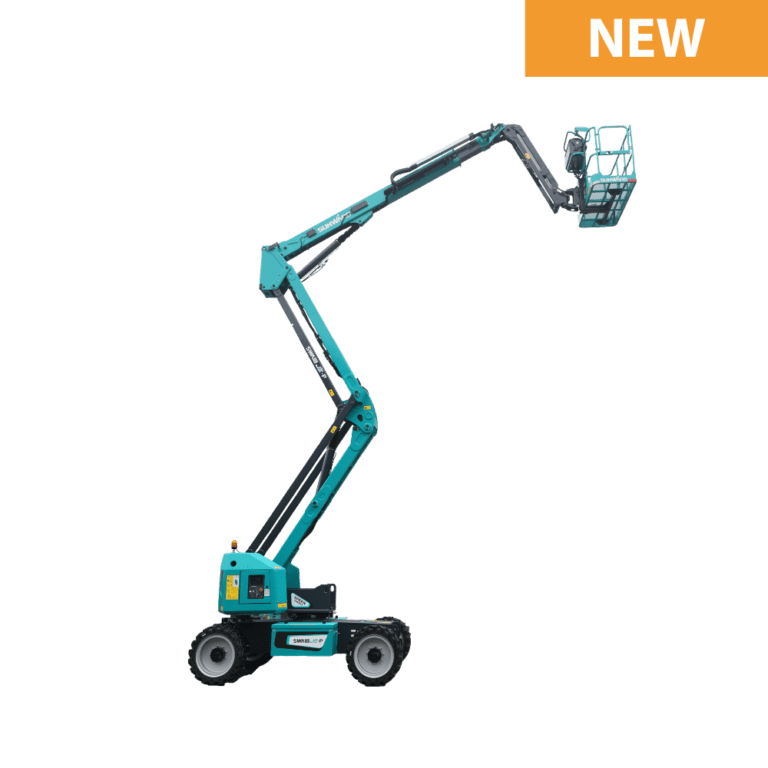 Blue boom lift on black background, "NEW".