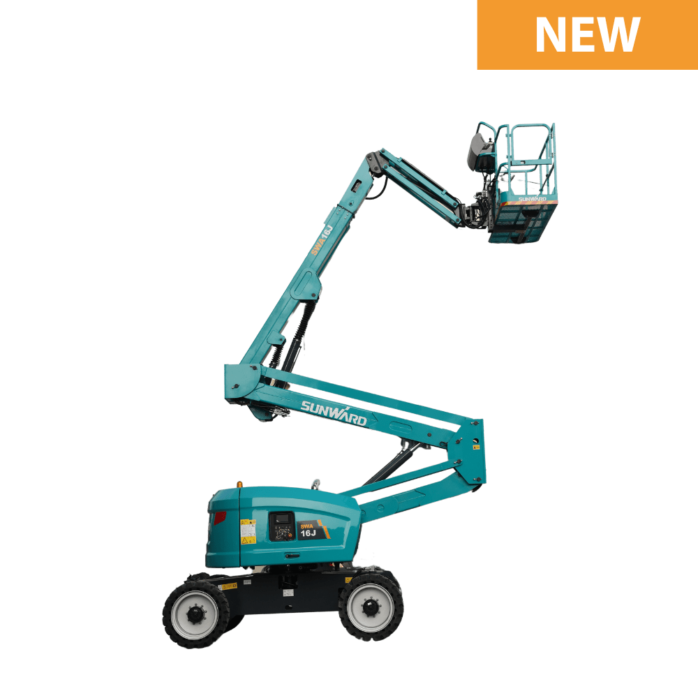 Blue articulated boom lift on black background.