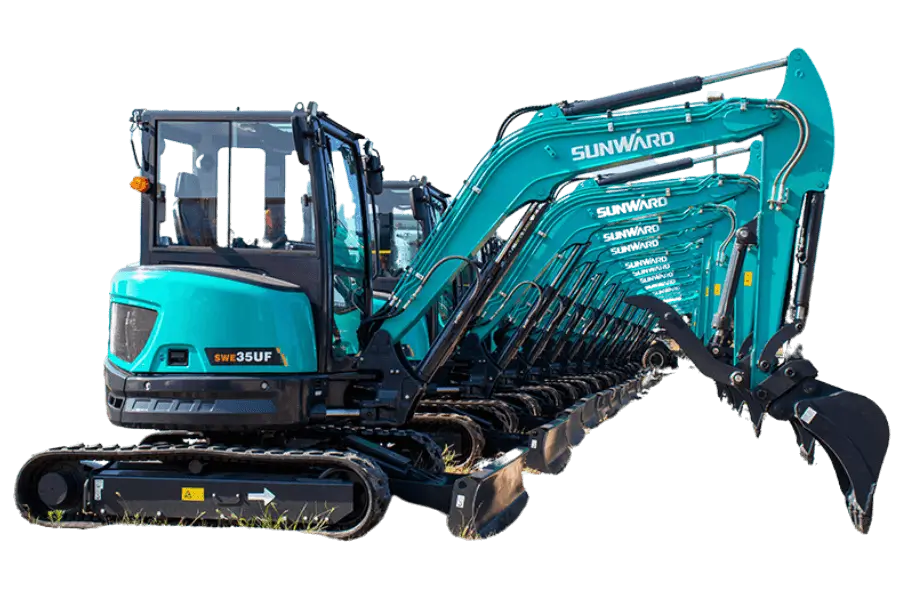 Teal excavator with extended arm and tracks.